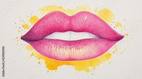 Fototapeta A vibrant illustration of a pair of pink lips with a splash of yellow watercolor background, emphasizing beauty and artistry.
