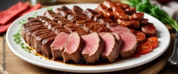 Obraz Pan-seared steak with sliced Argentinian chorizos on a plate , restaurant cuisine, dinner dish