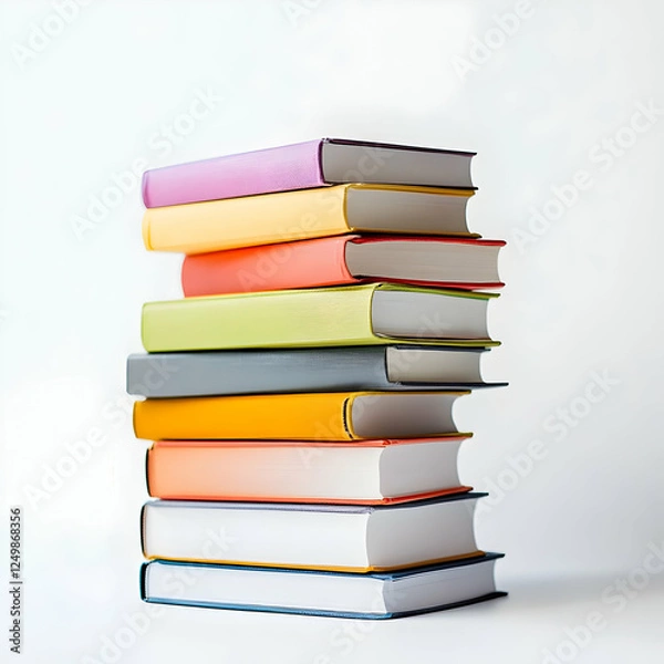 Fototapeta Colorful book stack, study, knowledge, white background, education