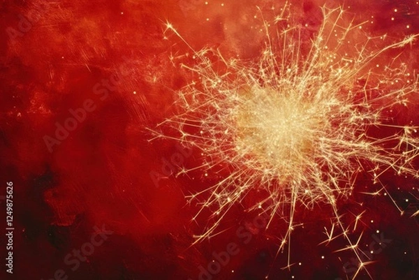 Fototapeta A vibrant golden sparkler shines against a dark red background