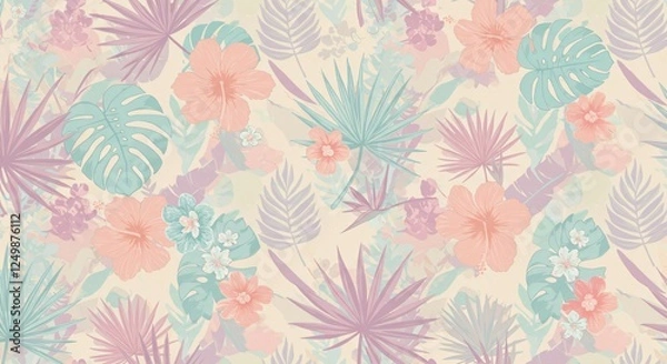 Fototapeta Seamless patterns of tropical leaves and floral designs in pastel tones