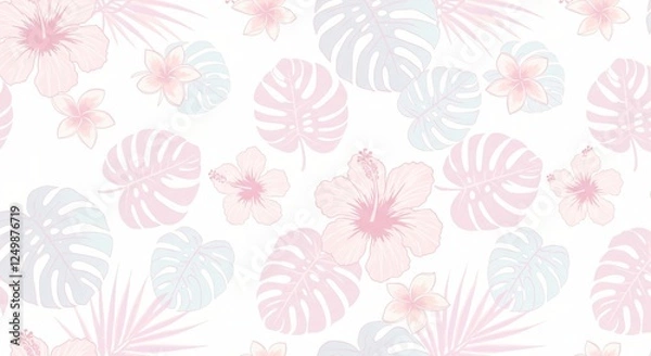 Fototapeta Seamless patterns of tropical leaves and floral designs in pastel tones