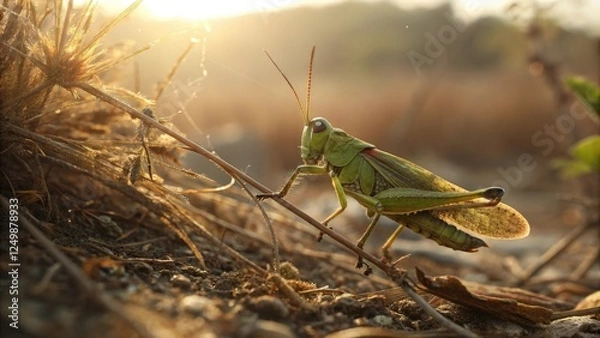 Fototapeta Small green grasshopper on dry vegetation in a warm sunlight showing its tiny legs and wings, dry grasshopper, sunlit background, outdoor scene, wildlife photography, insect life