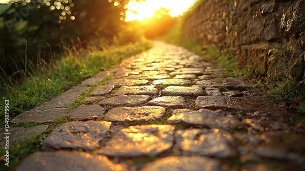 Fototapeta Sunlit cobblestone path through trees at sunset