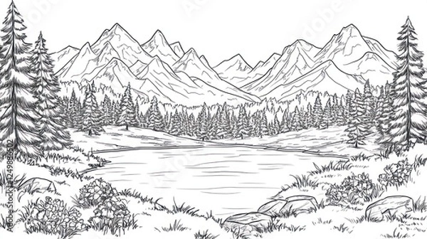 Fototapeta Mountain lake serene landscape, forest backdrop, nature illustration, travel brochure