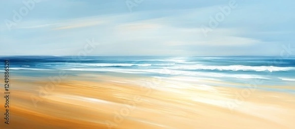 Fototapeta Abstract painting of ocean waves gently lapping a sandy beach under a light blue sky.