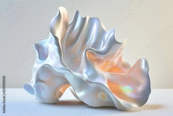 Fototapeta Iridescent sculpture with flowing shapes sits on a flat surface