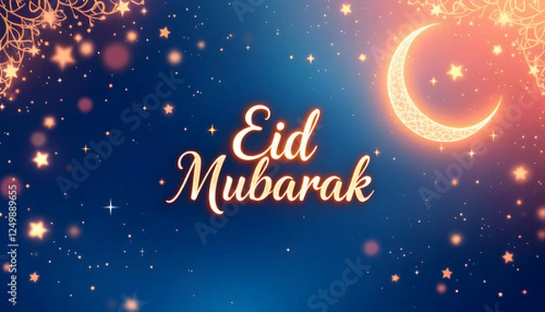 Fototapeta Eid Mubarak premium vector illustration with a luxurious blue and pink gradient background, featuring a crescent moon, stars, and Islamic light design. Perfect for festive greetings and elegant celebr