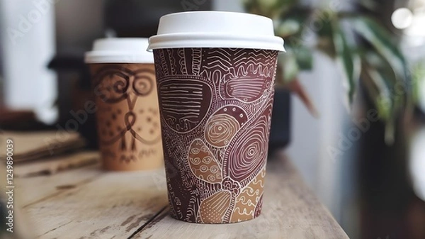 Fototapeta Coffee Cup with Abstract Artistic Design on Wooden Table,A disposable coffee cup photographed on a rustic wooden table, decorated with an intricate abstract pattern in brown and white.
