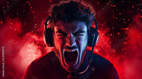 Obraz YouTube thumbnail professional gamer excitement, shock, set against red-black background
