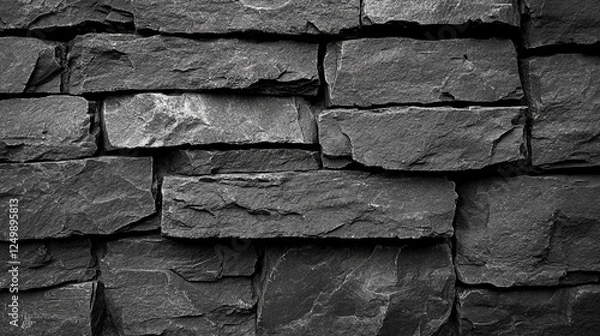 Fototapeta Rough dark gray stone wall texture with modern bright tones and blurred background, offering empty space for captions, symbolizing chaos and contrast between solidity and impermanence.

