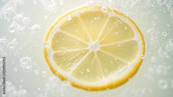 Fototapeta Lemon slice floating in sparkling water against white background