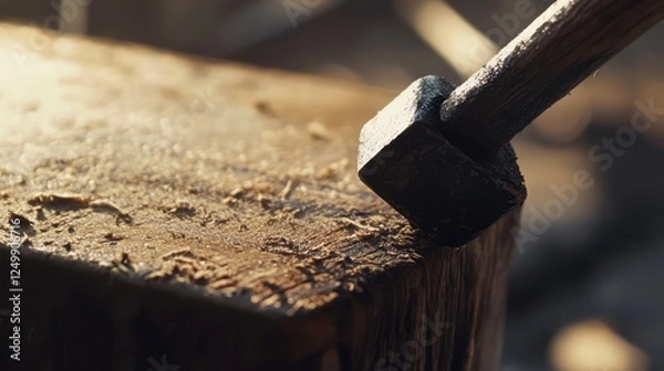 Fototapeta A wooden board being nailed into place with a hammer, focusing on the nail’s head for precision and craftsmanship.