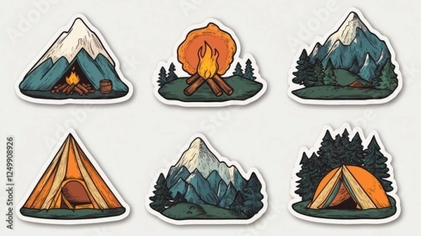 Fototapeta A set of 6 stickers featuring a mountains and camping travel theme, each with intricate designs of tents, campfires, forests, and rugged peaks