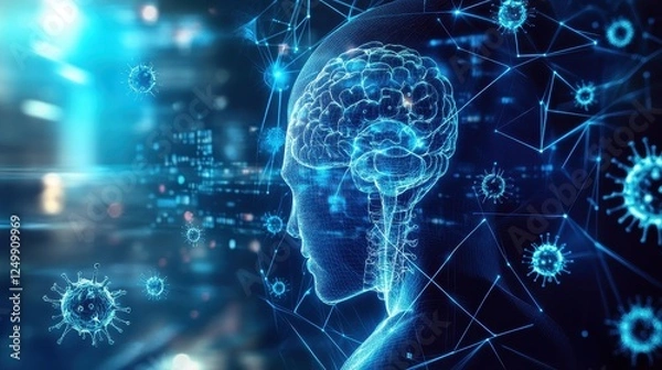 Fototapeta A conceptual healthcare image of a person surrounded by a digital hologram of the immune system, showing interconnected defense mechanisms against pathogens. The futuristic blue-toned background repre