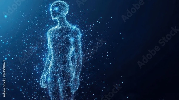 Fototapeta Futuristic human, digital space, glowing particles, network concept, tech illustration