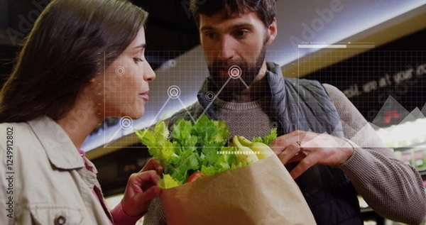 Obraz Analyzing grocery shopping data image over couple examining fresh produce in store