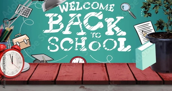 Obraz Image of falling books over welcome back to school text on green chalkboard background