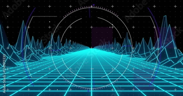 Fototapeta Image of scope scanning over digital mountains on black background