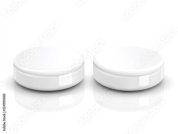 Fototapeta Two white round cosmetic containers with lids on a surface