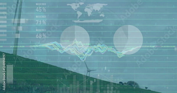 Obraz Image of financial data processing over wind turbines
