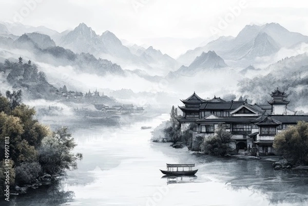Fototapeta Chinese ink painting style, with distant mountains and rivers featuring misty peaks in the background
