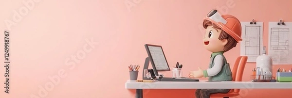 Fototapeta Joyful cartoon child engineer working at desk with computer.