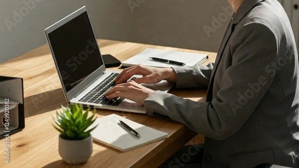 Fototapeta A person in a suit types on a laptop at a wooden desk, surrounded by a notebook, pen, and a small green plant.
