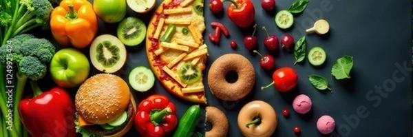 Fototapeta Fresh vegetables, fruits, pizza slices, bagels, and fries arranged on a table, representing a balance between healthy eating and comfort foods.