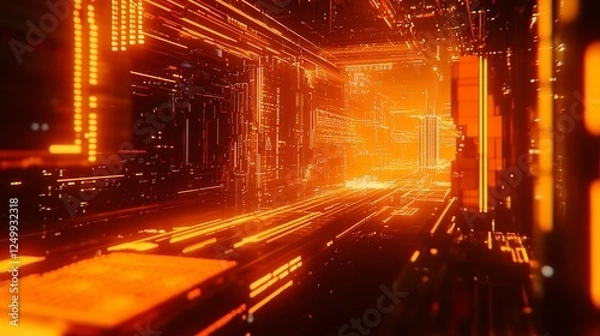 Obraz Abstract orange glowing digital tunnel.