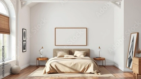 Fototapeta Luxurious bedroom interior with a frame mockup in loft style, perfect for showcasing art or photography prints, loft, bedroom, frame mockup