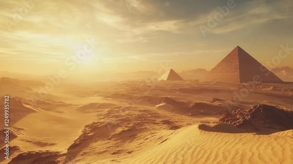 Fototapeta Majestic Egyptian Pyramids Rising from Golden Desert Sands with AI-Enhanced Details