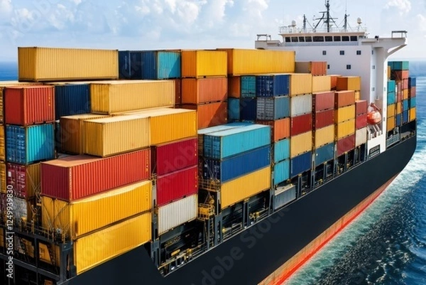 Fototapeta Cargo Ship with Colorful Shipping Containers Navigating the Open Ocean under Clear Sky