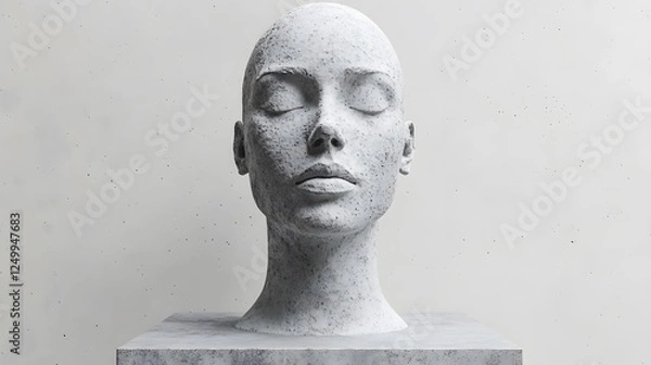 Obraz Digital sculptures displayed on a sleek pedestal with a white concrete face art piece in a contemporary gallery setting