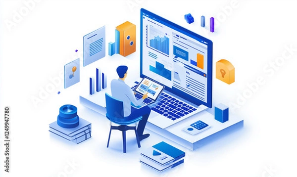 Obraz Isometric business illustration, schematic style, minimalistic flat design with clean lines and bold colour, showing a businessman working on a laptop at a modern desk, large data charts and graphs 