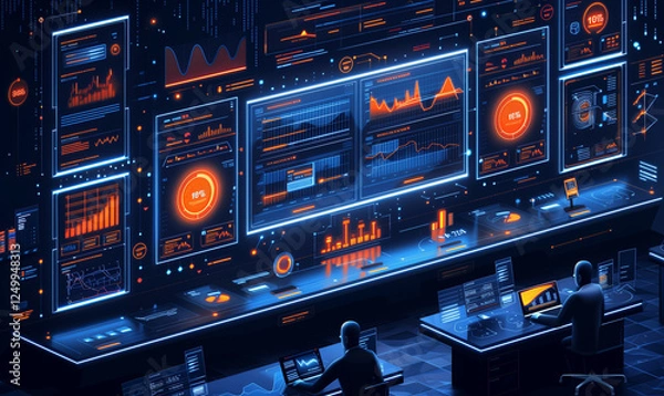 Obraz Isometric business illustration, schematic style, minimalistic flat design with clean lines and bold colour, showing a businessman working on a laptop at a modern desk, large data charts and graphs 