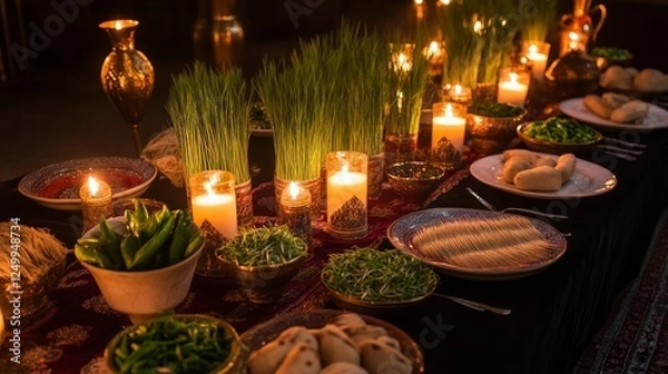 Fototapeta Traditional Nowruz Table with Candles and Wheat Sprouts, Symbolizing Renewal and Celebration