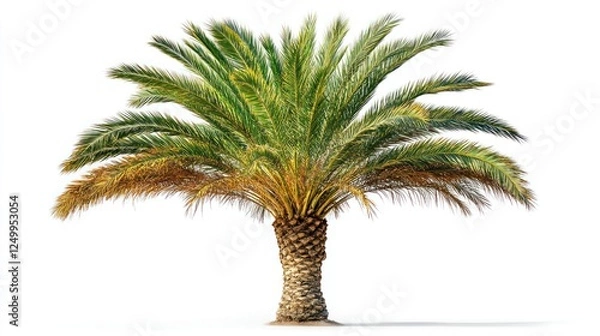 Fototapeta Lush green palm tree, isolated on white, sunny day, tropical background, ideal for design