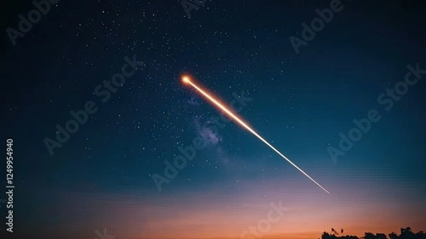 Obraz Meteor streaking across a starry night sky, illuminating the horizon at dusk