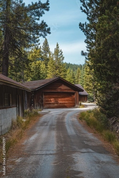 Obraz Peaceful rural road leading to a rustic wooden cabin surrounded by tall trees and a serene landscape in the early evening light
