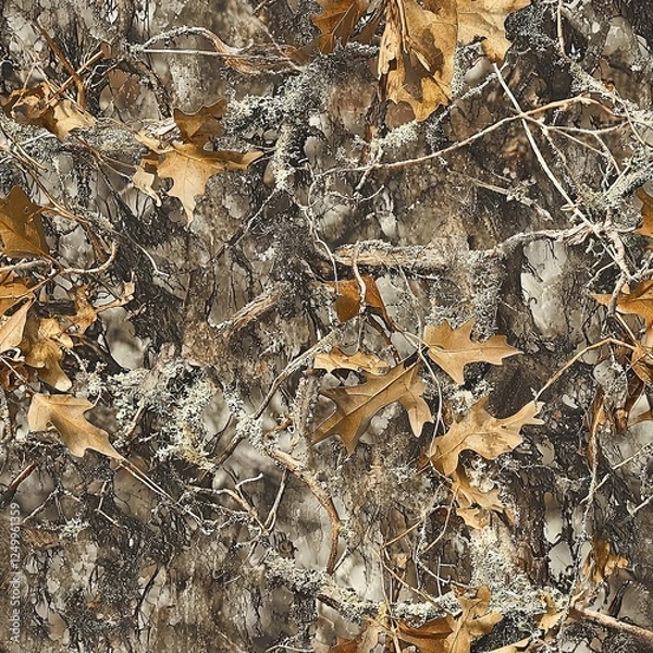 Fototapeta Mossy Oak Tree Roots, Branches and Oak Leaves Camouflage Seamless Pattern Texture