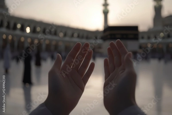 Fototapeta A person's hands are raised to pray in front of the Kaaba in Mecca.