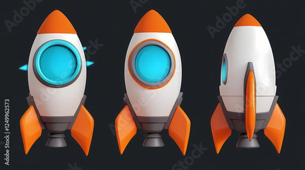 Fototapeta 3d cartoon rocket booster icon with flat view, featuring white body, orange fins, and blue circular window, isolated on transparency background. Futuristic Religious Icons. Illustration