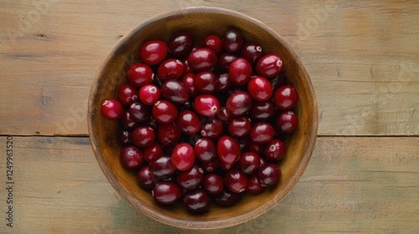 Fototapeta Fresh Organic Cranberries in a Wooden Bowl on Rustic Wooden Table Surface