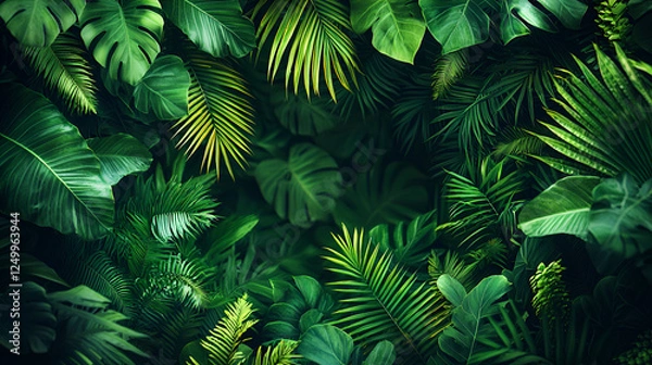 Fototapeta Artistic arrangement of tropical foliage with detailed textures and layered green patterns, ideal for creative digital projects and modern wallpapers