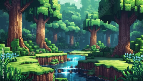 Obraz デジタル絵画は、穏やかなマインクラフト風の森を描いています。青々とした木々が生い茂り、穏やかに流れる川と滝が広がっています。
