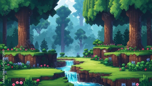 Obraz デジタル絵画は、穏やかなマインクラフト風の森を描いています。青々とした木々が生い茂り、穏やかに流れる川と滝が広がっています。