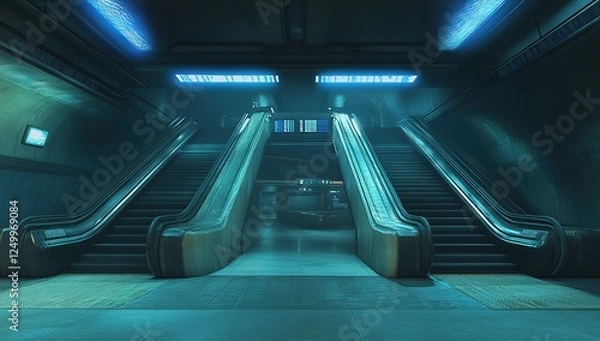 Fototapeta Futuristic Escalators Ascending in a Modern Subway Station with Neon Lights