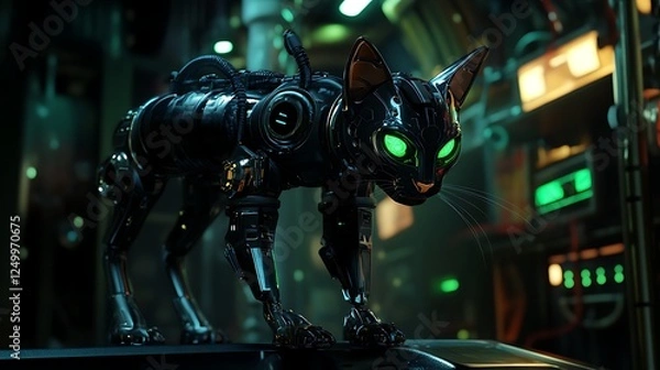 Fototapeta Futuristic robotic cat with glowing green eyes in a high-tech environment with neon-lit accents and intricate mechanical details