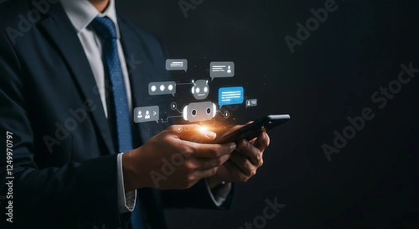 Obraz Businessman Using Smartphone With Chat Icons Overlay On Dark Background